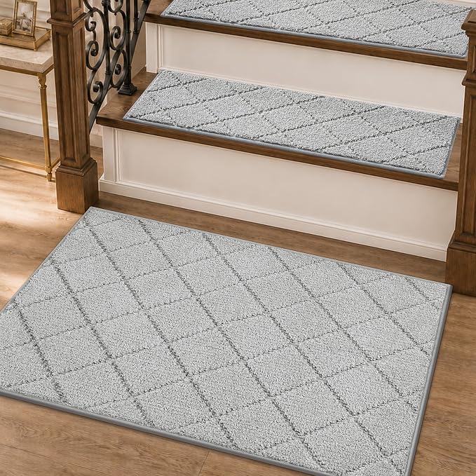 COSY HOMEER Edging Stair Treads Non-Slip Corner Indoor Stair Runners for Wooden Steps,Landing Slip Resistant Stair Rugs for Kids and Dogs, 100% Polyester TPE Backing,Grey,20"X32"
