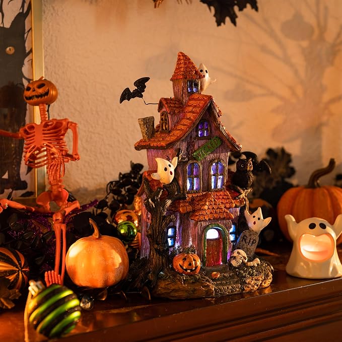 Valery Madelyn Halloween Decorations, Lighted Halloween Village Houses with LED Lights, Resin Spooky Town Happy Haunted House for Home and Party Table Desk Mantel, 12 Inch