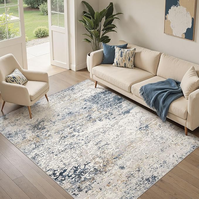 Area Rug Living Room Rugs - 5x8 Abstract Large Soft Indoor Washable Rug Neutral Modern Low Pile Carpet for Bedroom Dining Room Farmhouse Home Office - Beige Blue