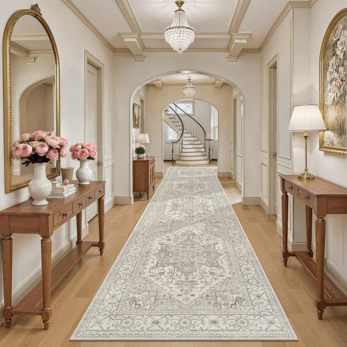 Madane Hallway Runner Rug 3x16 Washable Kitchen Runners Long, Beige/Brown | Vintage Non-Slip Wide Area Rugs 16ft for Entryway, Soft Thin Low-Pile Farmhouse Indoor Floor Carpet for Living Room Bedroom