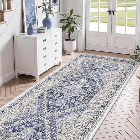 zesthome 4x8 Rug for Bedroom,Wide Runner Rug for Hallway, Non Slip Washable Runner Rug for Living Room, Low Pile Soft Entryway Kitchen Rug, Modern Home Decor Mat for Dining Room(Blue/Beige,4'x8')