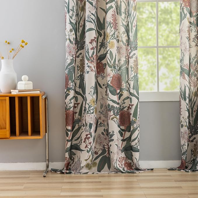 Floral Boho Curtains 84 Inches Length Protea Flower Print Linen Texture Window Drapes for Patio Door Africa Tribal Exotic Romantic Retro Window Treatments Grommet 2 Panels W50 x L84 Coral &Green
