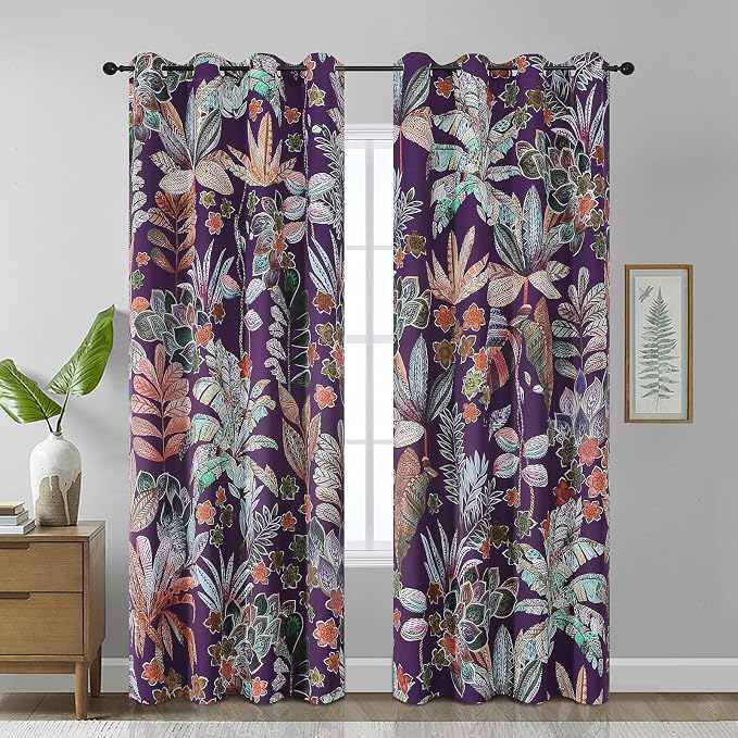 Estelar Textiler Boho Vintage Leaves Pattern Blackout Curtains 96 inches for Bedroom,Noise Reducing Thermal Insulated Grommet Elegant Home Decor for Living Room,Purple,52x96Inch (2 Panels)