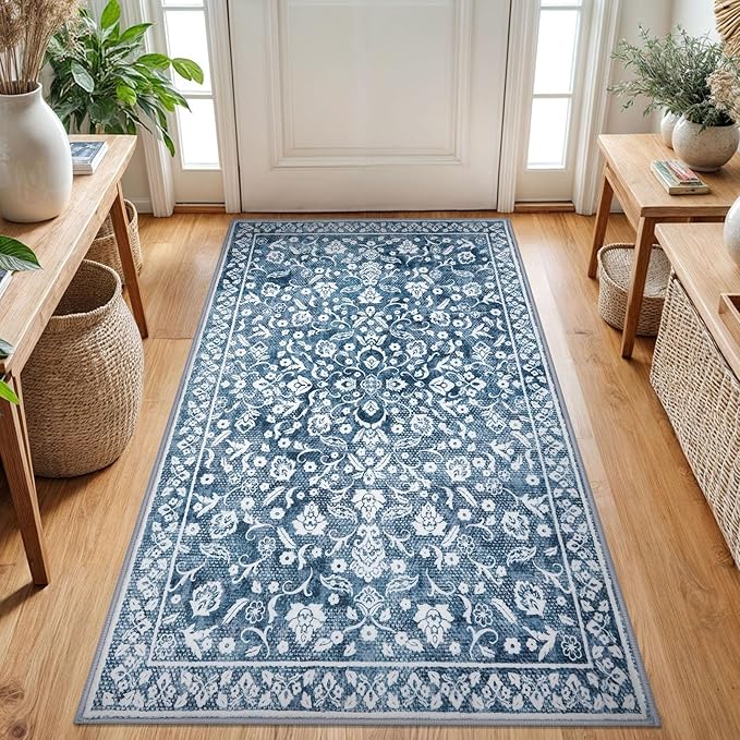 Vintage 3x5 Washable Rug for Entryway, Super Soft Blue and White Entryway Rug Non-Slip, Printed Faux Wool Floral 3x5 Area Rug Thin Floor Carpet for Kitchen, Bedroom, Office, Living Room
