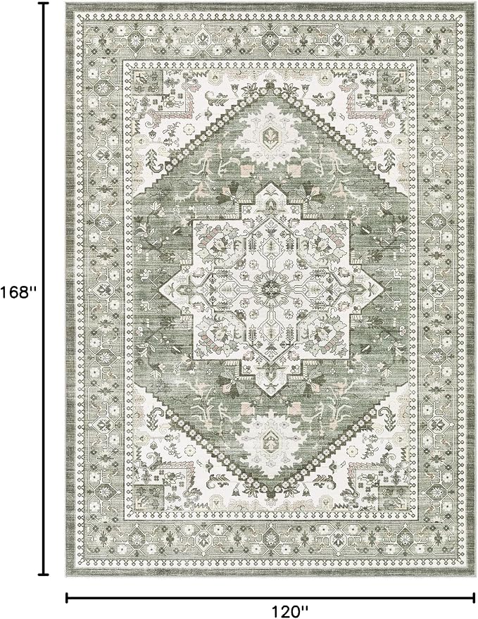 10x14 Vintage Area Rug: Washable Neutral Soft Non Slip Thin Large Floor Carpet for Living Room Bedroom Kitchen Dining Room Home Office Farmhouse Indoor - Green