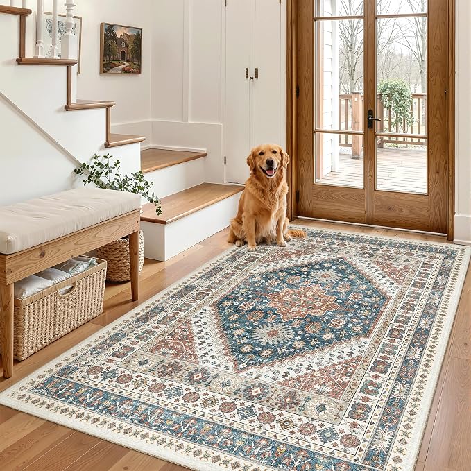 Madane Area Rug 3x5, Washable Vintage Entry Rugs for Bedroom, Navy Blue | Vintage Entryway Bedroom Non Slip Door Mat Indoor Entrance, Kitchen Runner Living Room Laundry Playroom Soft Floor Carpets
