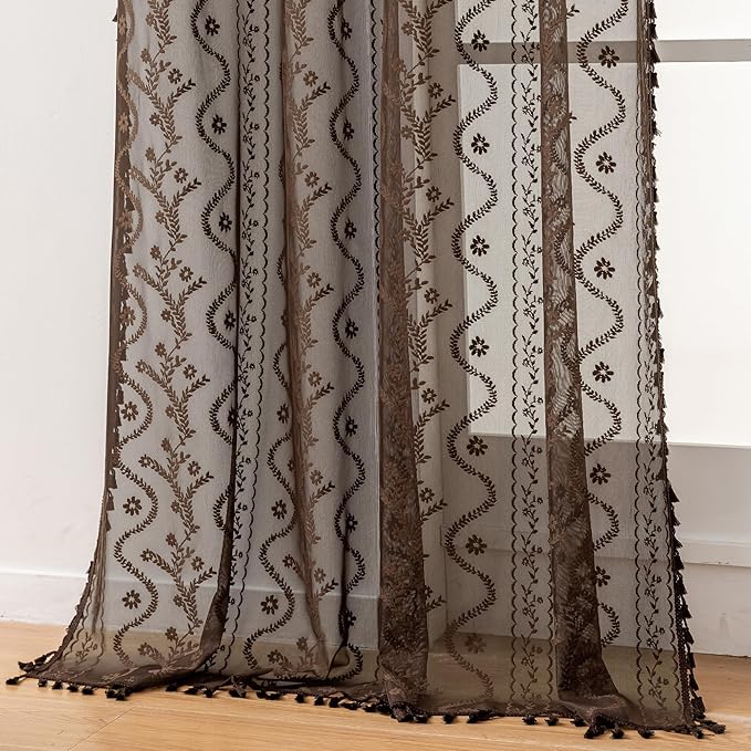 WAZZIO Boho Lace Curtains 2 Panels 84 Inch -Victorian Sheer Panel Drape French Country Floral Pattern & Tassel Light Filtering Privacy for Bedroom Dining Living Room,Rustic Style,Brown,W52x L84