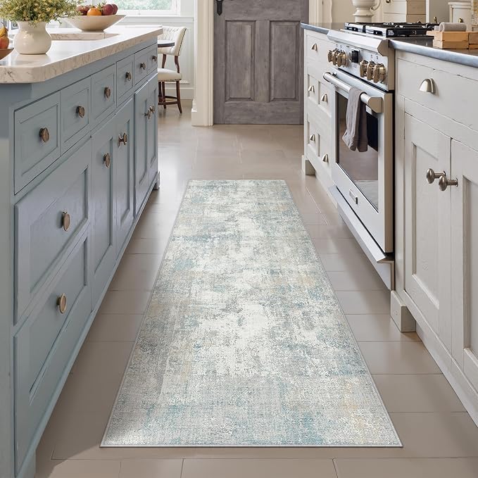 2x6 Washable Runner Rug Blue Cream Abstract Non Slip Soft Low Pile Hallway Kitchen Rug Neutral Modern Carpet for Laundry Bathroom Bedroom Living Room Home Decor
