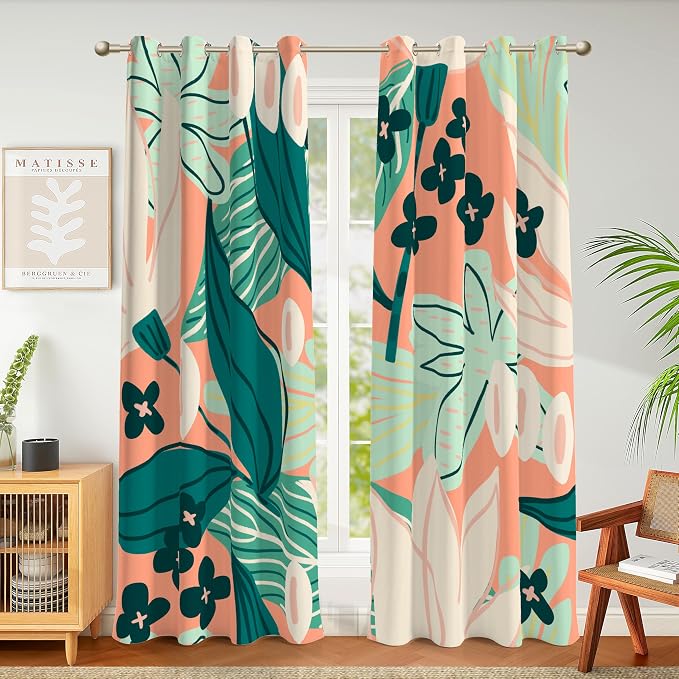 Tyrot 100% Blackout Boho Floral Curtains fo Bedroom 63 inch Long 2 Panels Mid Century Botanical Black Out Curtains for Living Room Grommet Thermal Insulated Room Darkening Window Drapes