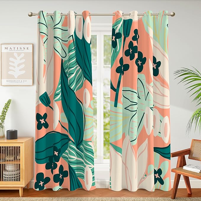 Tyrot 100% Blackout Boho Floral Curtains fo Bedroom 84 inch Long 2 Panels Summer Tropical Botanical Black Out Curtains for Living Room Grommet Thermal Insulated Room Darkening Window Drapes