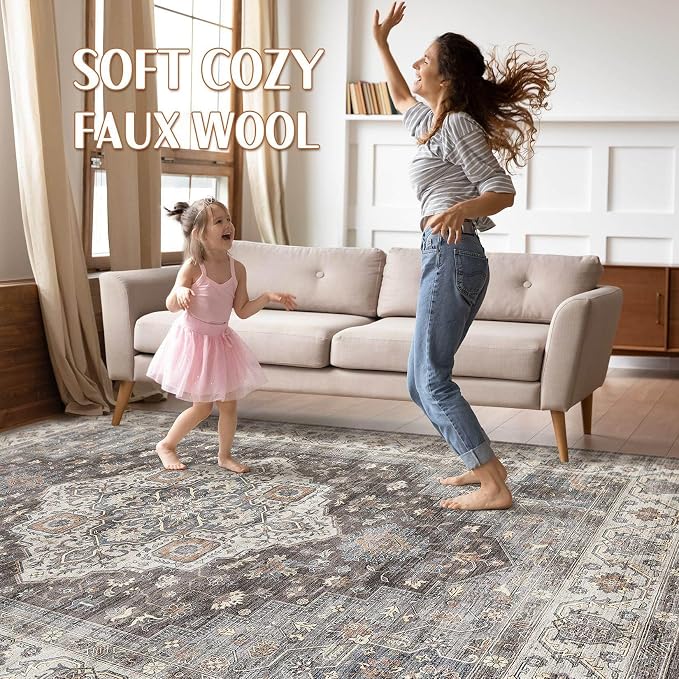10x13 Area Rug Living Room: Washable Boho Large Neutral Vintage Soft Rug Stain Resistant Farmhouse Non-Slip Indoor Floor Carpet for Bedroom Nursery Kids Office Dining Room Playroom- Grey Brown