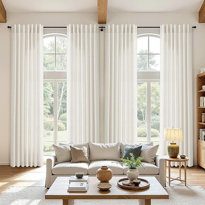 Extra Long Linen Curtains 102 Inches for Living Room Cream Back Tab Light Filtering Semi Sheer Curtain Neutral Farmhouse Boho Ceiling to Floor Drapes for Large Window Natural Ivory 52x102, 2 Panels