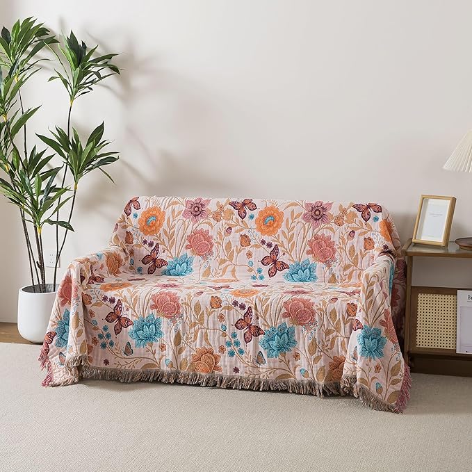 Phuryllic Boho Throw Blanket Full Size, Soft Cozy Cotton Muslin Quilt Blanket for Bed Decor, Floral Patterned Couch Sofa Chair Cover, Vintage Farmhouse Cottage Tapestry Woven Blanket, Coral&Green