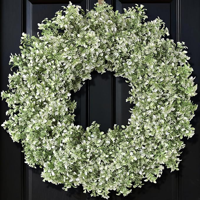 32" Large Artificial Boxwood Wreath for Front Door (White-Green) | Waterproof Fade Resistant,Premium Durable,Faux Aglaia Odorata Wreath,for Wall Window Farmhouse Outdoor All Seasons Decor