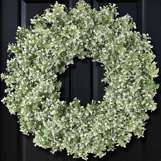 32" Large Artificial Boxwood Wreath for Front Door (White-Green) | Waterproof Fade Resistant,Premium Durable,Faux Aglaia Odorata Wreath,for Wall Window Farmhouse Outdoor All Seasons Decor