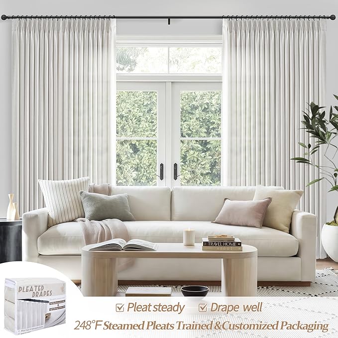 Beige White Light Filtering 60 Inch Wide Curtains 108 Inches Extra Long for Dining Room, Memory Shape Pinch Pleat Privacy Semi Sheer Natural Linen Farmhouse Viral Window Drapes 9 FT Length 2 Panel Set