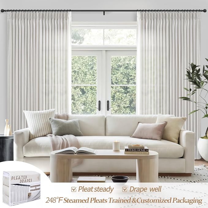 Memory Trained Pinch Pleat 60 Inch Wide Room Divider Curtains 102 Inches Long, Off White Light Filtering Linen Semi Sheer Country Window Curtain Energy Efficient Drapes 2 Panels Set with Hooks & Rings