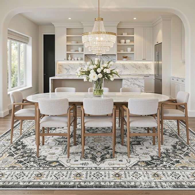 Madane 8x10 Area Rugs for Living Room, Non-Slip Vintage Washable Rug, Black | Ultra-Thin Stain Resistant Large 8'X10' Carpet, Soft Low Pile Floor Mat For Bedroom Dining Room Office Home Decor