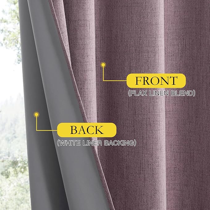 NICETOWN Chaise Mauve Vintage Linen 100% Blackout Curtains for Classroom, Thermal Insulated Curtains 63" Long, Noise Reducing Window Treatment Drapes for Gym Room, 42" Wide Per Panel, Set of 2
