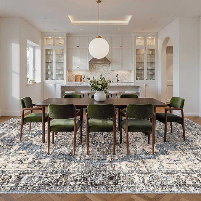 befbee 8x10 Area Rugs for Living Room, Stain Resistant Neutral Washable Rugs for Dining Room, Floral Vintage Non-Slip Thin Large Size Area Rug (Blue/Black)