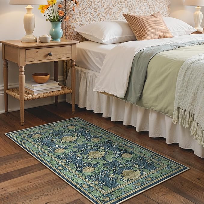 Bavni 3x5 Area Rugs, Floral Machine Washable Rugs for Living Room, Dinning Room, Bedroom, Non Slip Aesthetic Vintage Low Pile Durable Lightweight Farmhouse Rug, Tea Green/Blue