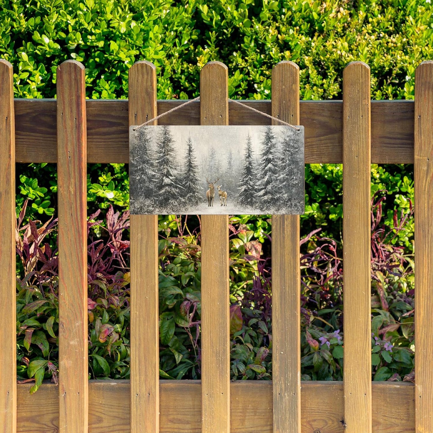 Winter Pine Tree Deer Wooden Sign, 12x6 inches, Rustic Wall Decor for Home, Office or Gifting