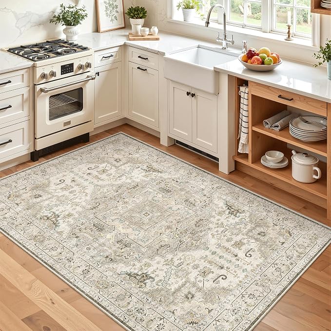 Madane Area Rug 3x5, Washable Vintage Entry Rugs for Bedroom, Ivory/Brown | Vintage Entryway Bedroom Non Slip Door Mat Indoor Entrance, Kitchen Runner Living Room Laundry Playroom Soft Floor Carpets