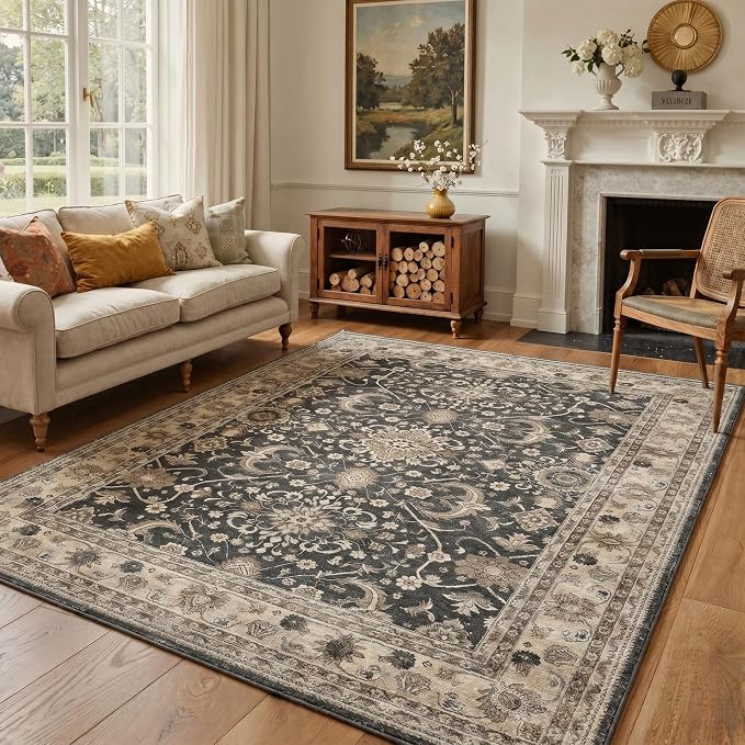 Bavni Washable Rugs 8x10, Machine Washable Rug Lightweight Low Pile, Oriental Floral Vintage Rug Non-Shedding Distressed Throw Carpet for Living Room Bedroom Office, Dusty Taupe