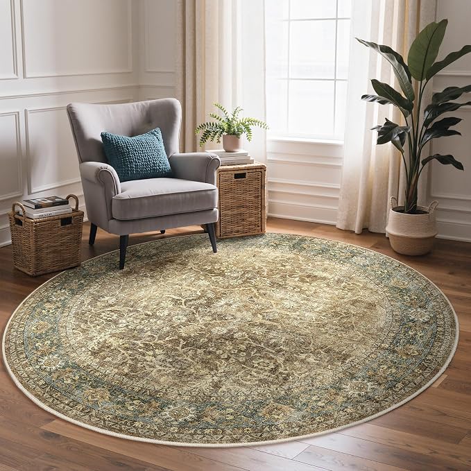 Bavni Round Rug 5ft-Machine Washable Area Rugs Non-Slip for Bedroom, 5x5 Vintage Floral Rug Distressed Throw Carpet for Living Room Nursery Kitchen Bathroom, Green
