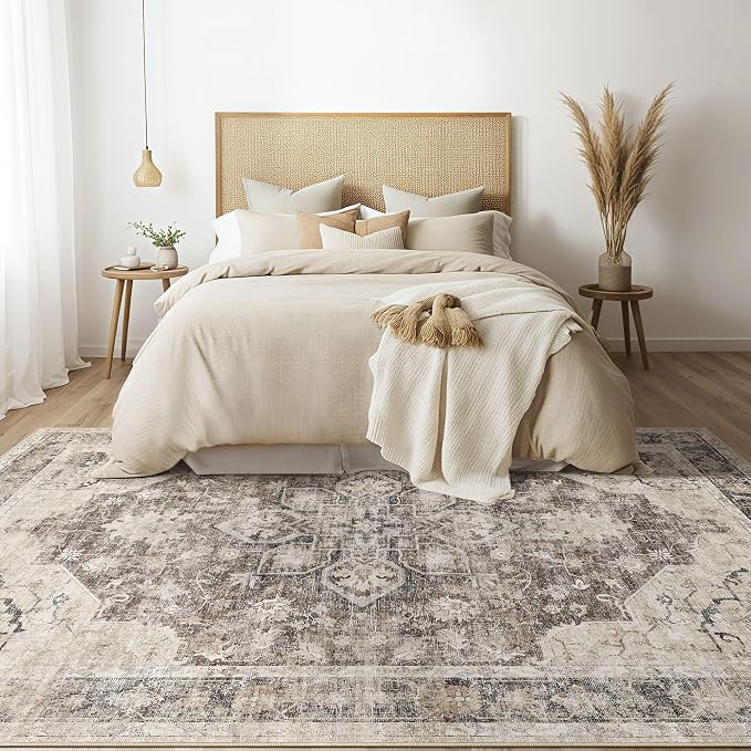 Area Rug for Living Room - 10X12 Soft Washable Vintage Floral Distressed Large Carpet - Fade Stain Resistant Non Slip Rugs for Bedroom Dining Room Nursery Dorm Office Home Decor - Dark Brown