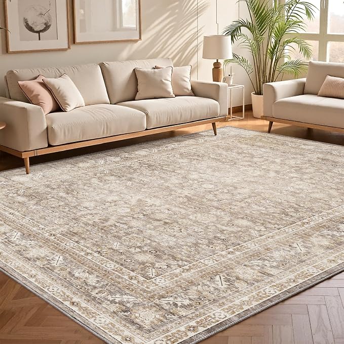 OPPODREAM Vintage Beige Area Rugs 5x7, 5 x 7 Retro Washable Rug Non Slip, Low-Pile Faux Wool Carpet, Distressed Tan Floor Mat for Living Room, Bedroom, Kitchen, Office, Dorm, Dinning Room