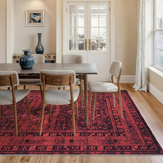 Bloom Rugs Washable Non-Slip 8' x 10' Rug - Red Traditional Bordered Area Rug for Living Room, Bedroom, Dining Room, and Kitchen - Exact Size: 8' x 10'