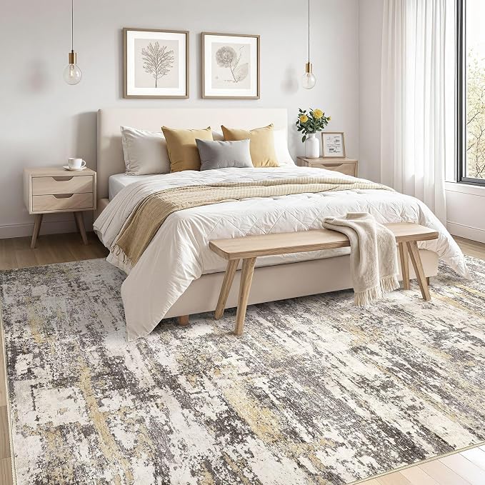Area Rugs for Living Room: 10x13 Abstract Washable Rug Modern Neutral Large Soft Stain Resistant Non-Slip Backing Machine Table for Bedroom Dining Room Indoor Home Office Carpet - Gold Brown