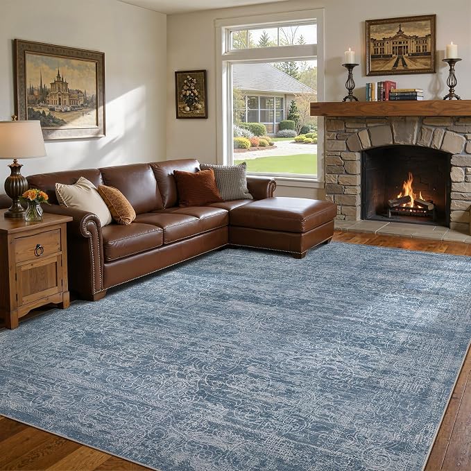 DMOYEST Area Rug Living Room Rugs - 10x14 Abstract Large Soft Indoor Washable Rug Neutral Modern Low Pile Carpet for Bedroom Dining Room Farmhouse Home Office - Dark Blue