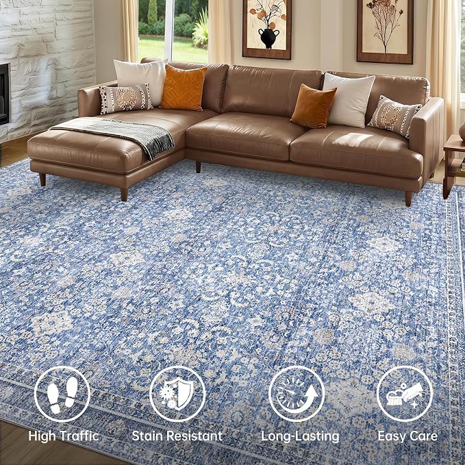 Sasttie 5x7 Area Rugs, Ultra-Soft Washable Rug, Low Pile Foldable Thin Carpets with Non-Slip Backing, Skin-Friendly Stain Resistant Carpet for Living Room, Bedroom, Kitchen, Dorm, 5x7, Blue