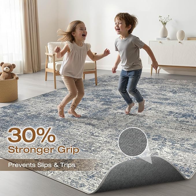 10x12 Area Rug Living Room: Washable Large Neutral Rug Abstract Soft Modern Stain Resistant Indoor Floor Non-Slip Carpet for Bedroom Nursery Kids Office Playroom Dining Room Under Table- Blue Gray