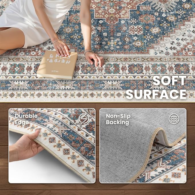 zesthome 6x9 Area Rug, Super Soft Washable Rugs for Living Room, Non-Slip Stain Resistant Vintage Rugs, Ultra-Thin Large Area Rugs (Navy Blue/Red,6'x9')