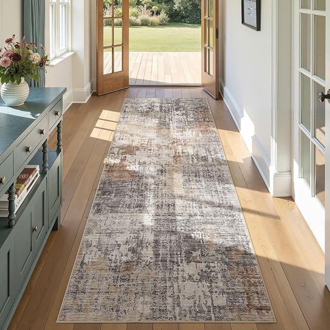 DMOYEST Washable Runner Rug for Hallway: 3x8 Neutral Modern Abstract Low Pile Area Rug with Non-Slip Backing - Carpet for Bedroom Kitchen Laundry Entryway Bathroom Indoor - Grey Brown