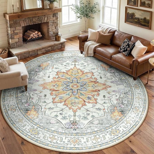 RELEANY Area Rugs Round 8ft Washable Non-Slip, Floral Vintage Distress Medallion Carpet for Living Room Bedroom Dining Room, Beige Carbon Grey Orange