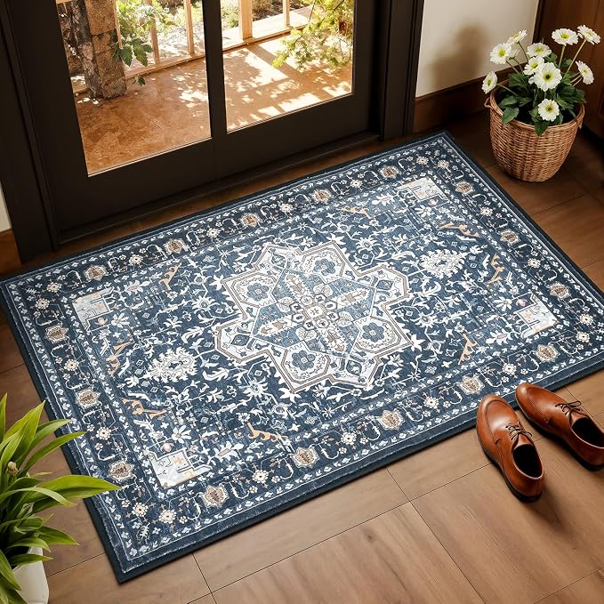 Rugflix 2x3 Small Area Rugs for Entryway, Washable Entrance Door Mat Non-Slip, Soft Low Pile Stain Resistant Vintage Boho Indoor Throw Rug for Hallway, Kitchen, Bedroom, Navy Blue