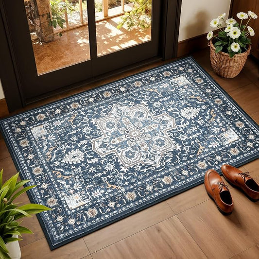 Rugflix 2x3 Small Area Rugs for Entryway, Washable Entrance Door Mat Non-Slip, Soft Low Pile Stain Resistant Vintage Boho Indoor Throw Rug for Hallway, Kitchen, Bedroom, Navy Blue