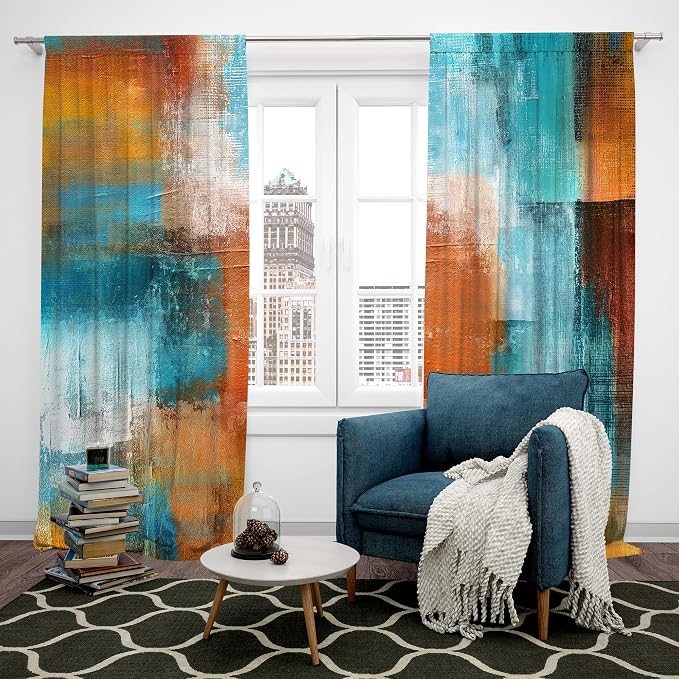 MESHELLY Brown Blue Abstract Curtains 52W x 84H Inch Rod Pocket Rust Burnt Orange Teal Art Painting Modern Contemporary Watercolor Cool Oil Print Vintage Living Room Bedroom Window Drapes 2 Panel