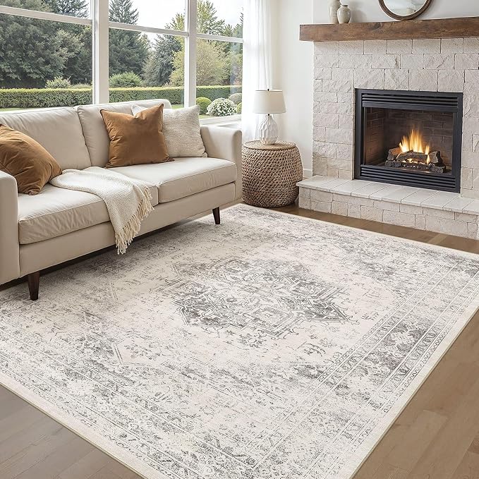 UERMEI 5x7 Area Rug Living Room Rugs - Washable Vintage Soft Large Rug Indoor Floor No Slip Rug Carpet for Bedroom Farmhouse Under Dining Table Home Office Decor - Beige/Camel