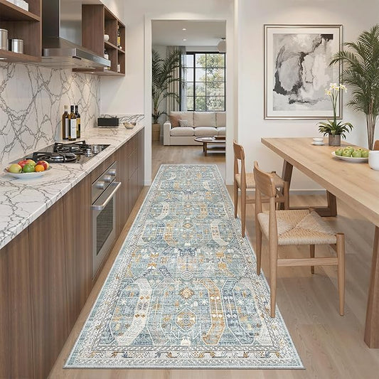 Madane Kitchen Runner 2'6''x8' Soft Rug Runners for Hallways, Blue/Gold | Vintage Machine Washable Rugs 2.5x8 Ft, Non-Slip Low Pile Stain-Resistant 8ft Floor Carpet for Laundry Room Corridor