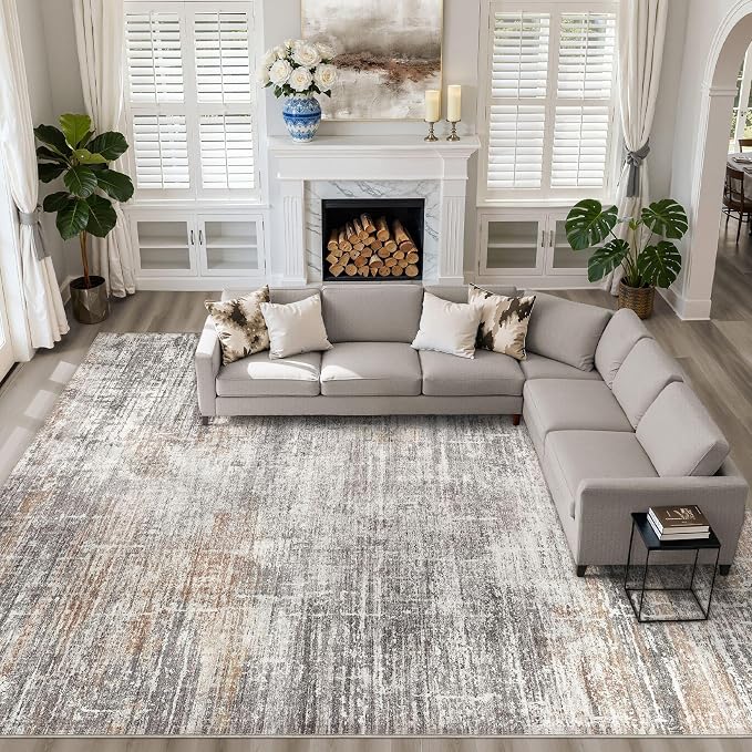 10x14 Area Rugs Living Room: Washable Large Neutral Rug Abstract Soft Modern Stain Resistant Indoor Floor Non-Slip Carpet for Bedroom Nursery Kids Office Playroom Dining Room Under Table- Gray Rust