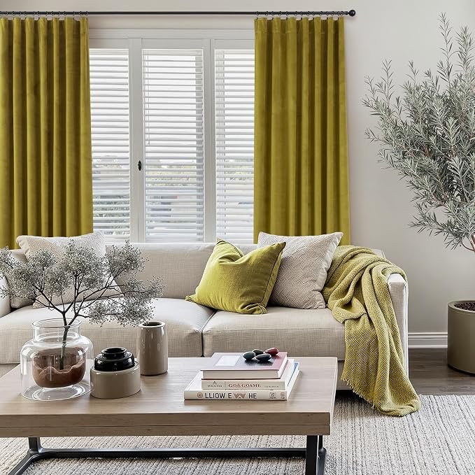 Yellow Green Velvet Curtains 96 Inches Long for Living Room Darkening Super Soft Luxury Quirky Eclectic Bold Thermal Insulated Blackout Chartreuse Velvet Drapes for Bedroom Dining Christmas 2 Panels
