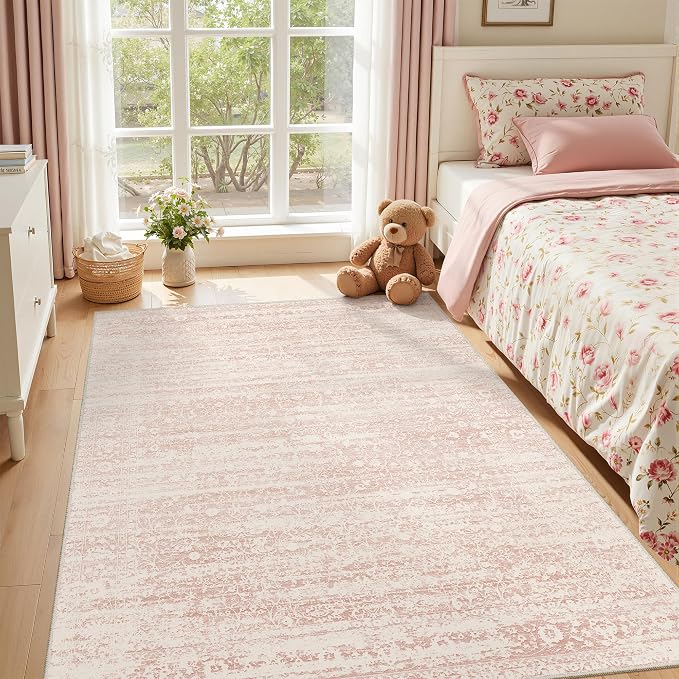 Soalmost Pink 5x7 Area Rugs for Baby Girl Nursery, Washable Soft Rugs | Vintage Floral Non-Slip Low Pile Throw Carpet for Living Room Dining Room Bedroom Kids Playroom 5'x7'