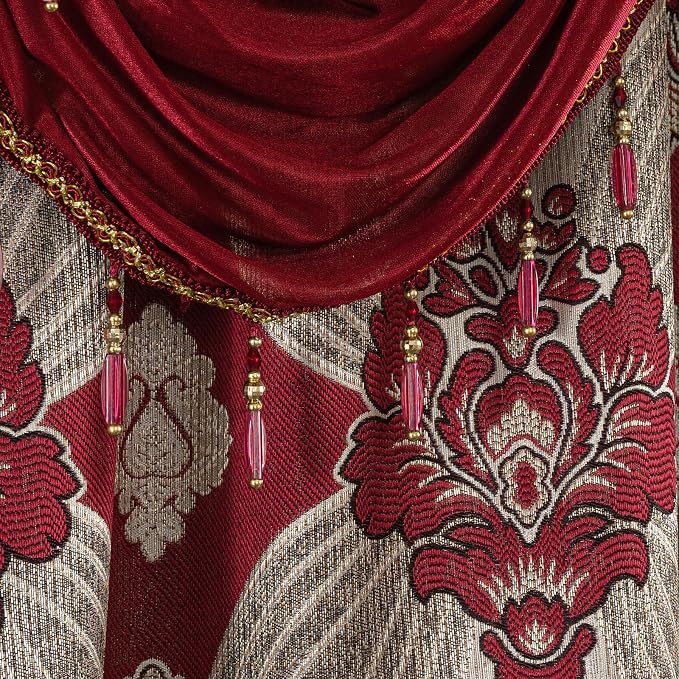 Petrichor Elegant Curtains with Gold Silver Threads 2 Panels Set - Luxury Window Treatment Attached Valance, Sheer Backing, and 2 Tie Backs for Bedroom and Living Room, 54x63 inches, Burgundy