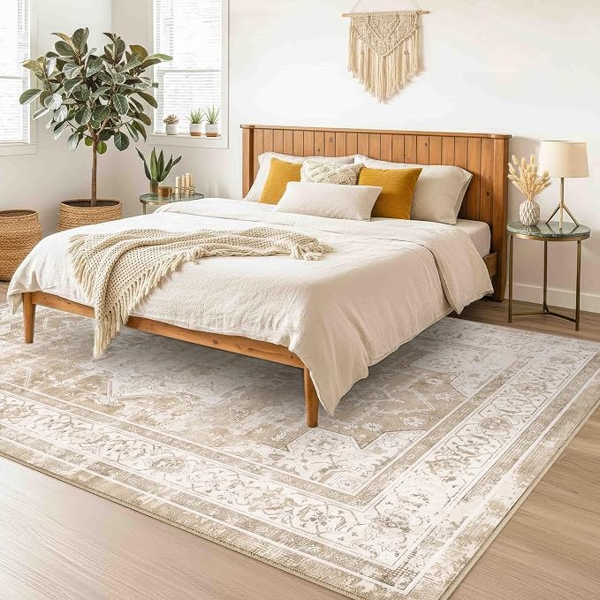 5x7 Area Rug for Living Room-Vintage Farmhouse Boho Floral Neutral Washable Stain Resistant Indoor Carpet for Bedroom Office and Home Decor(Beige&Brown)