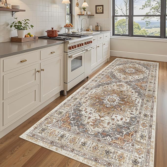 Madane Hallway Runner Rug 4x8 Wide: Washable Thin Runners for Hallways Entry, Non Slip Soft Vintage Kitchen Rugs Low Pile Carpet Runners for Living Room Bedroom Dining Room Foyer (Turmeric/Grey,4x8)